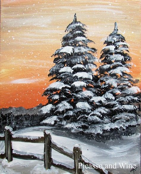 January Paint Night Ideas, Winter Peisage Drawing, Winter Sunrise Painting, Winter Paintings Easy, Easy Winter Paintings For Beginners, Snowy Paintings, Winter Scenes To Paint, Winter Painting Ideas, Acrylic Painting Winter