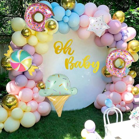 Pastel Color Baby Shower Ideas, Ice Cream Balloons, Candy Theme Birthday Party, Disneyland Birthday, Circle Backdrop, Grown Up Parties, Gold Foil Balloons, Girls Birthday Party Decorations, Event Business