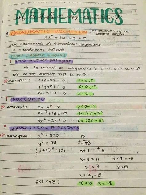 Quadratic Equations Notes, Grade 9 Math Notes, Grade 9 Math, Mathematics Notes, Equations Notes, Solving Quadratic Equations, Quadratic Equations, Study Flashcards, Math Notes