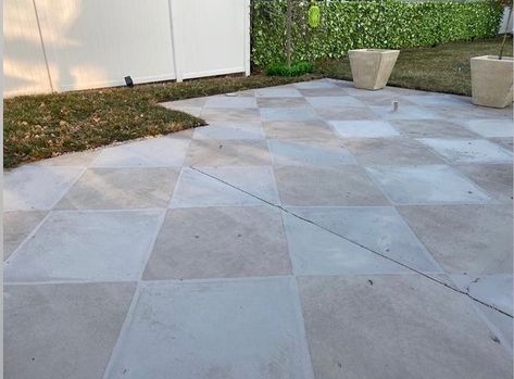 Checkered Painted Patio, Checkered Tile Patio, Checkered Patio Pavers, Checkered Paver Patio, Checkered Patio Floor, Checkered Patio, Painted Driveway, Exterior Concrete Paint, Move To Europe