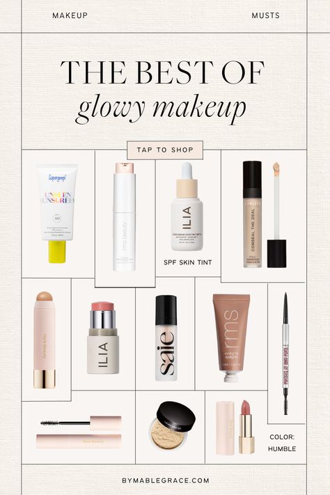 The Best of Glowy Makeup Makeup Products Shuffle, No Makeup Look Products Natural, Makeup Products For Natural Look, Dewy Skin Makeup Products, Dewy Makeup Look Products, Natural Glowy Makeup Products, Glowy Makeup Products Drugstore, Dewey Makeup Products, Dewy Makeup Routine