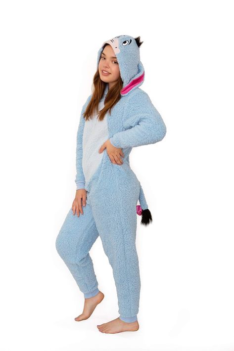 PRICES MAY VARY. OFFICIALLY LICENSED DISNEY WINNIE THE POOH PRODUCT DETAILED 3D EEYORE DESIGN - Do you love Winnie The Pooh's loveable character, Eeyore? Now you can turn yourself into a giant plush stuffed animal version of him with this costume pajama outfit! It features a detailed, embroidered character face and 3D ear design on the hood as well as an attached tail with bow. SUPER SOFT SHERPA FLEECE - This Eeyore plush pajama union suit is made of an ultra-soft, fuzzy sherpa fleece fabric tha Winnie The Pooh Eeyore, Pajama Costume, Pajama Outfit, Suit Costume, Union Suit, One Piece Pajamas, Pooh Bear, Disney Winnie The Pooh, Costume Outfits