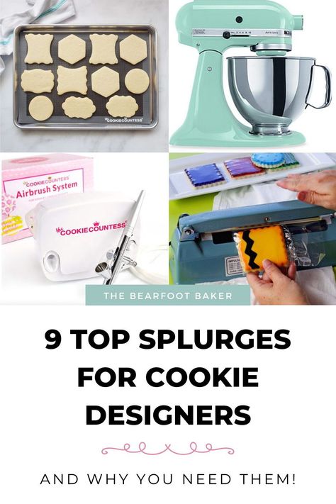 Do you have the right supplies for decorating sugar cookies? Find out what my top nine splurges are for every cookie designer, and why you need these cookie decorating tools too! Learn baking tips and tricks plus how to decorate sugar cookies at my blog, The Bearfoot Baker. How To Get Into Cookie Decorating, Cookie Scoop Size Chart, Step By Step Cookie Decorating, Sugar Cookie Tips And Tricks, Cookie Decorating Business, Sugar Cookie Pricing Chart, Baking Essentials Tools, Cookie Decorating Tools, Baking Tips And Tricks