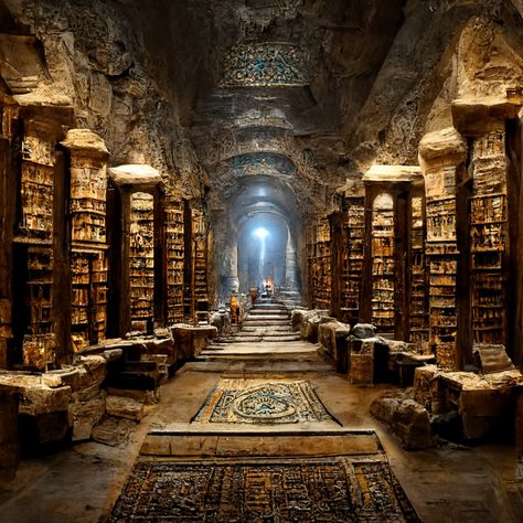 library of Alexandria underground scrolls books desks torches ancient 4K arabesque detailed dark old architecture large hall academia ruins untouched overgrown Petra stone wood Ancient Egypt Aesthetic, Abandoned Library, Ancient Alexandria, Ancient Library, Egypt Aesthetic, Library Of Alexandria, World Library, Dream Library, Old Library