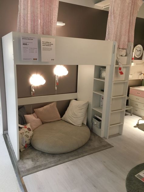 Loft Bed With Slanted Ceiling, Ikea Storage Living Room Ideas, Ikea Loft Bed For Girls Room, Underbed Hideout, Teen Room With Loft Bed, Teen Room Loft Bed, Ikea Loft Bed Ideas For Teens, Loft Bed Girls Room Ideas, Ikea Loft Bed Ideas