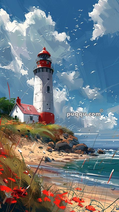 Lighthouse Drawing: Coastal Art Inspiration Pictures Of Lighthouses, Beach Pictures Landscape, Lighthouses Painting, Nautical Painting Ideas, Lighthouse Illustration, Lighthouse Sketch, Drawing Beach, Lighthouse Drawing, Fairytale Houses