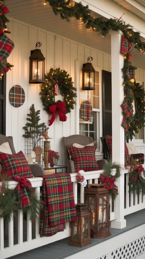 Add a classic and cozy touch to your outdoor space with these 510 plaid Christmas porch decor ideas. Featuring plaid patterns in festive red, green, and neutral tones, these decorations bring warmth and traditional charm to your holiday porch. Perfect for those who love rustic and country-inspired decor, these tips create a welcoming, timeless holiday look. Christmas Porch Decor Ideas, Red Christmas Decor, Plaid Christmas Decor, Cozy Christmas Decor, Cabin Christmas, Tartan Christmas, Country Christmas Decorations, Christmas Themes Decorations, Christmas Porch Decor