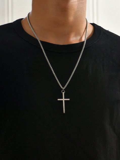 Silver  Collar  Stainless Steel   Embellished   Men's Fashion Jewelry Cross Charm Necklace, Mens Fashion Jewelry, Steel Cross, Necklace For Men, Cross Charms, Men Necklace, Charm Necklace, Scents, Men's Fashion