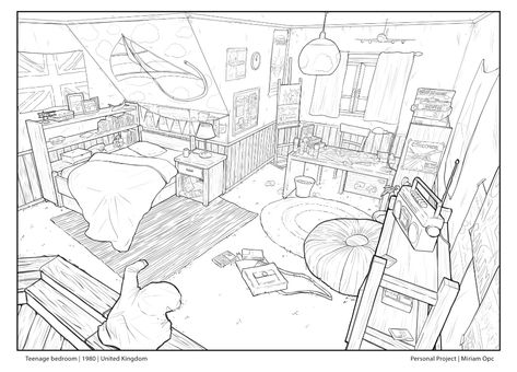 ArtStation - Teenage Bedroom | Design & Linework Bedroom In Perspective, Bedroom Base Drawing, Drawing Bedroom Sketches, Manga Room Drawing, Bedroom Sketch Drawings, Messy Bedroom Drawing, Bedroom Reference Drawing, Bedroom Design Drawing, Bedroom Design Sketch