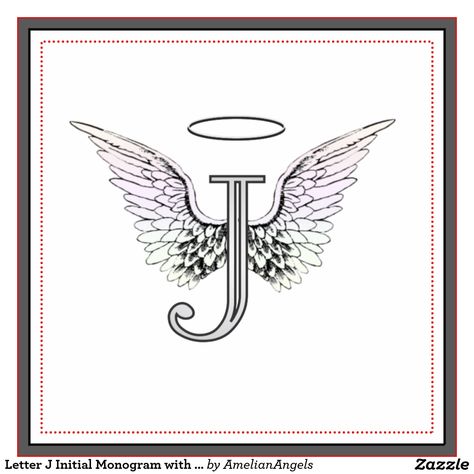 Letter J Initial Monogram with Angel Wings & Halo Tile J With Angel Wings Tattoo, Letter J With Wings Tattoo, J With Wings Tattoo, Initial J Tattoo, Angel Wings Initial Tattoo, Letter J Tattoo Ideas, Tattoos In Memory Of Mom, Tattoo Guardian Angel, Tattoos In Memory