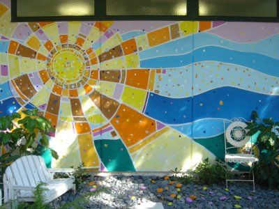 Love this mural. Could definitely incorporate mosaics with it too. Sun Mural, Garden Fence Art, Garden Mural, School Murals, Mosaic Murals, Fence Art, Wall Murals Painted, Murals Street Art, Cinder Block