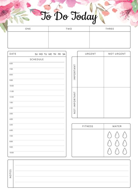 To Do Today Daily Hourly Planner Template with a big section for making a list of activities and prioritize them. Sections available in this template: Task priorities, : One, Two, Three Hourly schedule, Importance & Urgency, Fitness, Water tracker, Notes  #printabledailyplanner #agenda #dailyplannerpdf #printables #printables Daily Planner Printables Free, Daily Planner Hourly, Free Daily Planner, Printable To Do List, To Do Planner, To Do Lists Printable, Hourly Planner, Daily Planner Pages, To Do Today