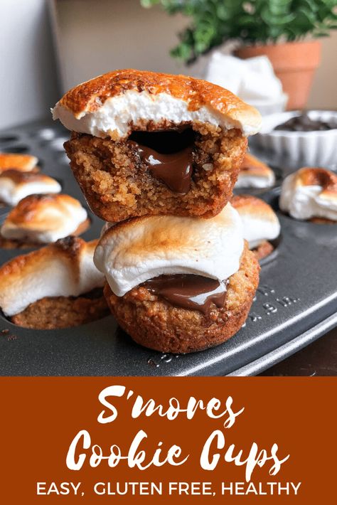 These s'mores cookie cups are a delicious, healthier summer dessert. Gluten free and made in only 15 minutes. The perfect healthy s'mores dessert. A great healthy fourth of july dessert. #smores | #glutenfree | #glutenfreedessert | #glutenfreerecipes | #glutenfreefourthofjuly | #fourthofjuly | #dessert | #healthydessert | #summer | #summerrecipes | #summerdessert Smore Dip, Dessert Smores, Gluten Free Smores, S'mores Cookie Cups, Fourth Of July Dessert, Mini Cupcake Pan, Mini Cups, Smore Recipes, Meal Prep Snacks