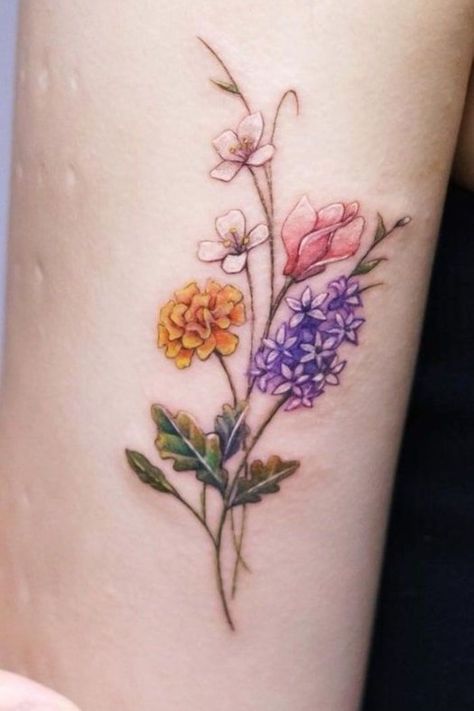 20 October Birth Flower Tattoo Ideas To Try Marigold Flower Tattoos, Marigold Tattoos, Turtle Watercolor Tattoo, Marigold Flower Tattoo, Wildflower Tattoos, October Birth Flower Tattoo, Marigold Art, Birth Flower Tattoo Ideas, Celtic Tattoo For Women