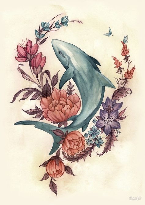 Floral Shark" by fioski | Redbubble Shark Tattoo Floral, Shark Tattoo Feminine, Girly Shark Tattoo Ideas, Pretty Shark Tattoo, Shark With Flowers Tattoo, Flower Shark Tattoo, Ocean Creature Tattoo, Shark Flower Tattoo, Water Animal Tattoo