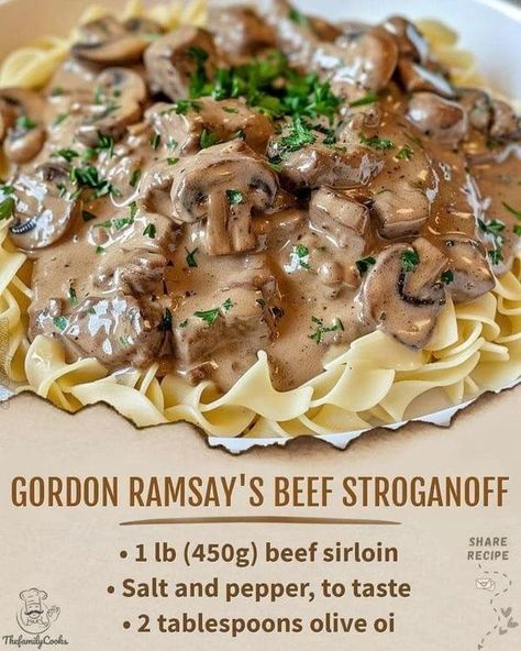 Gordon Ramsay Beef Stroganoff, Big Family Dinner Recipes, Gordon Ramsay Beef Wellington Recipe, Stroganoff Recipe Easy, Gordon Ramsay Dishes, Gordon Ramsay Recipes, Sirloin Recipes, Easy Beef Stroganoff, Braised Steak