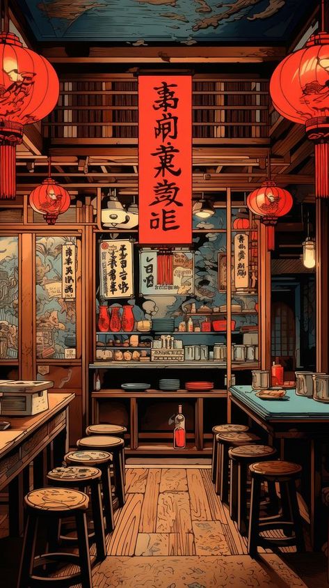 Traditional japanese restaurant text wood bar. | premium image by rawpixel.com Traditional Sushi Restaurant, Chinese Interior Restaurant, Japanese Izakaya Interior, Japanese Bar Aesthetic, Izakaya Aesthetic, Japanese Speakeasy, Wood Cafe Design, Traditional Restaurant Interior Design, Anime Scenery Painting