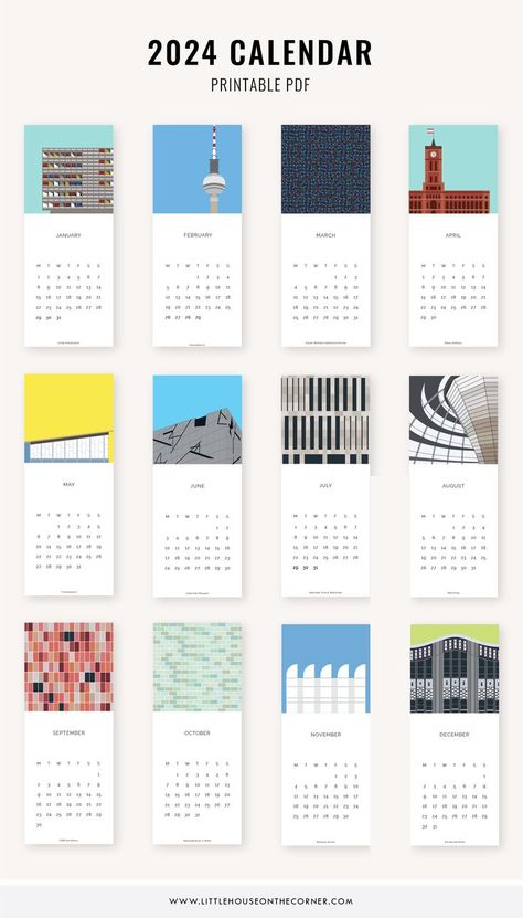 12 pages of 2024 calendar showing illustrations of Berlin buildings Berlin Buildings, Calendar Design Layout, Calendar Design Inspiration, 2024 Calendar Printable, Calendar Design Template, 달력 디자인, Cool Calendars, New Year Calendar, Calendar Layout