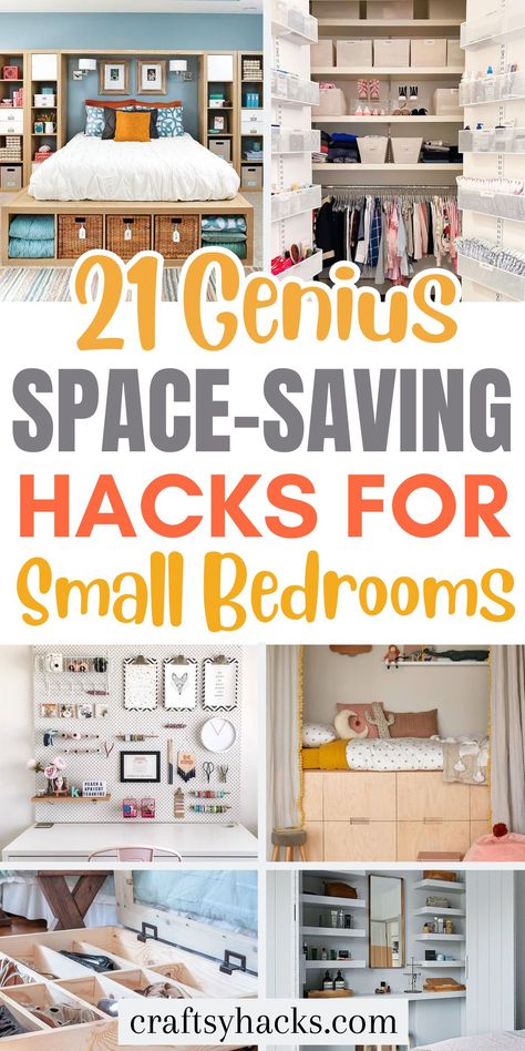 Create room in compact spaces with these storage hacks, tailored to enhance small space living. Explore creative small bedroom ideas and clever storage ideas for bedrooms to maximize both style and function. Storage Ideas For Small Rooms, Small Bedroom Hacks, Small House Storage, Small Closet Storage, Bedroom Storage Ideas, Small Room Organization, Small Space Hacks, Small Bedroom Organization, Ideas For House