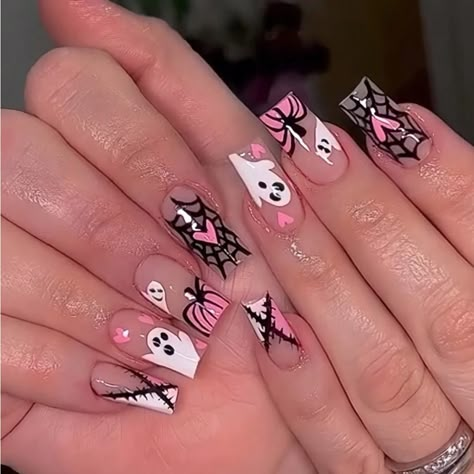 Super Cute And Stylish Ships In 5-10 Business Days Cute Spooky Nail Sets, Best Halloween Nail Designs, Med Short Nails, Spooky Halloween Nails Almond Shape, Happy Halloween Nails, Pink White Halloween Nails, Halloween Xl Nails, Burgundy Nails Fall Art Designs, Halloween Birthday Nail Designs