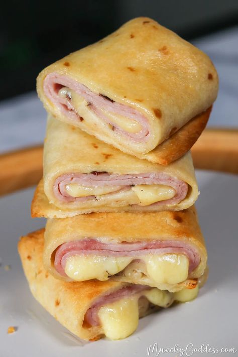 Easy Air Fryer Hot Ham and Cheese Wraps + Video | Munchy Goddess Ham And Cheese Wraps, Hot Ham And Cheese, Ham And Cheese Roll Ups, Cheese Wraps, Homemade Ham, Protein Smoothies, Air Fryer Oven Recipes, Cheese Wrap, Easy Air Fryer