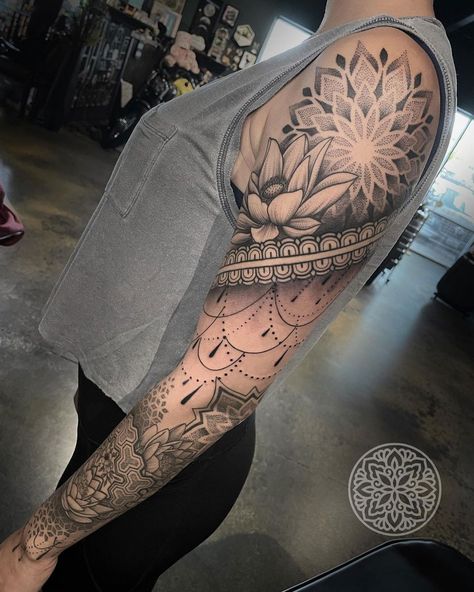 Ornamental sleeve with mandalas and lotus flowers. Tattoo by tattoos.by.newyork. Mandala Arm Tattoos, Tato Mandala, Mandala Tattoos For Women, Mandela Tattoo, Tattoo Sleeve Filler, Mandala Sleeve, Feminine Watercolor, Mandala Tattoo Sleeve, Tattoo Filler