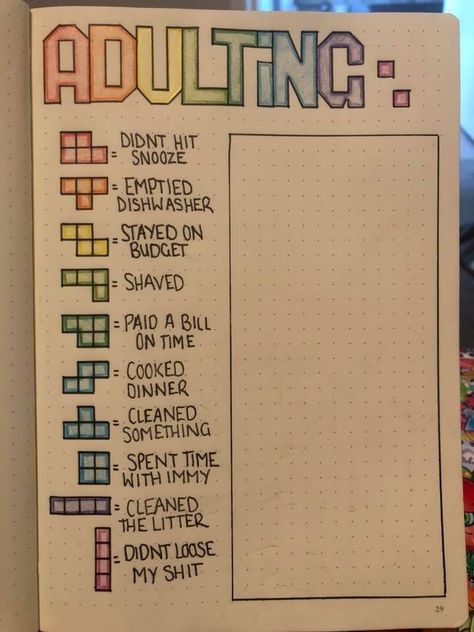 Love love love this! Tetris bullet journal page. Play tetris bases on your daily goals and actions! Bullet Journal Wishlist, Bullet Journal Page, Bullet Journal 2020, Bullet Journal Ideas Templates, Bullet Journal 2019, Bullet Journal Spreads, Creating A Bullet Journal, Bullet Journal Mood Tracker Ideas, Bullet Journal Paper