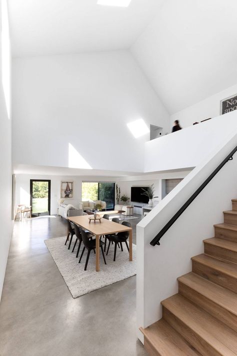 Concrete Floors Living Room, Concrete Floors In House, Black Barn, Wood Stairs, Cement Floor, Concrete Floor, Modern Barn, Black Exterior, Barn Style