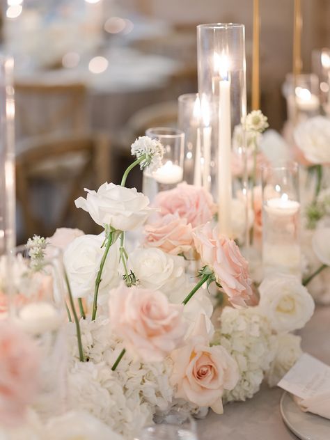 Pink Reception Flowers, Blush Candles Wedding, Blush Roses Centerpiece, White And Pastel Pink Wedding, Blush Pink And White Centerpieces, White And Blush Roses Wedding, Pink And White Flower Table Arrangements, Isle Floral Decorations Wedding, Pink And White Wedding Flowers Table