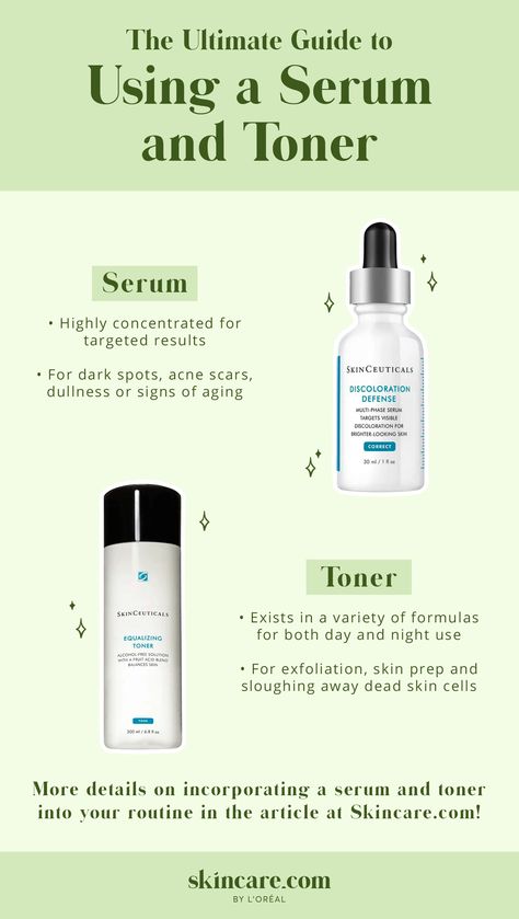 So you just got a brand new powerful skin-care serum — but aren’t sure how to incorporate it into your routine, considering you swear by toner. This may lead you to wonder if you really need both. Although it can seem like overkill (you may be thinking, isn’t one potent and highly concentrated skin-care product enough?), both serums and toners serve different functions. Do you really need both in your routine though? Here's what the experts say. #facetoner #skincareroutine #skincareserum #skin Serums And What They Do, All About My Self, Toner Skincare, Product Skincare, Oily T Zone, Skin Essentials, Skin Prep, Exfoliate Face, Hyaluronic Acid Serum