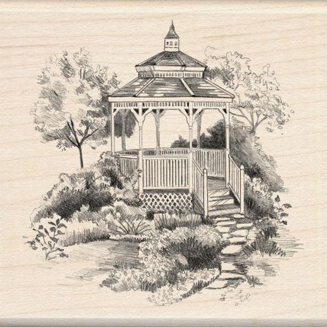 Inkadinkado Garden Gazebo Wood Stamp: Arts, Crafts Gazebo Tattoo, Gazebo Drawing, Garden Sketch Drawing, Backyard Drawing, Garden Design Drawing, Garden Drawings, Garden Sketch, Gazebo Garden, Casa Anime