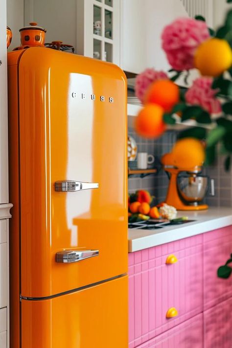 Refrigerator Decoration Ideas to Refresh Your Kitchen Unique Refrigerators, Refrigerator Decoration Ideas, Smeg Fridge Kitchen, Antique Fridge, Fridge Decoration Ideas, Vintage Kitchenette, Colorful Refrigerator, Yellow Refrigerator, Fridge Color