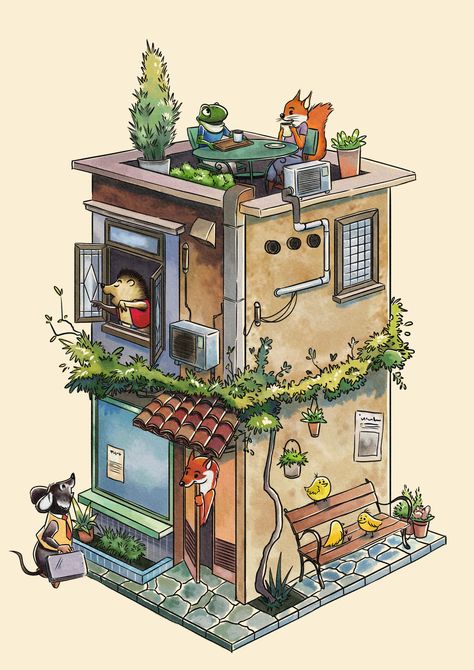 Illustration of an isometric house full of animals, drinking coffee and doing their daily stuff. Digital House Drawing, 3d House Illustration, Animal House Illustration, Isometric House Illustration, Dream House Illustration, Animals Drinking Coffee, Isometric Island, Isometric House, Hero Concept