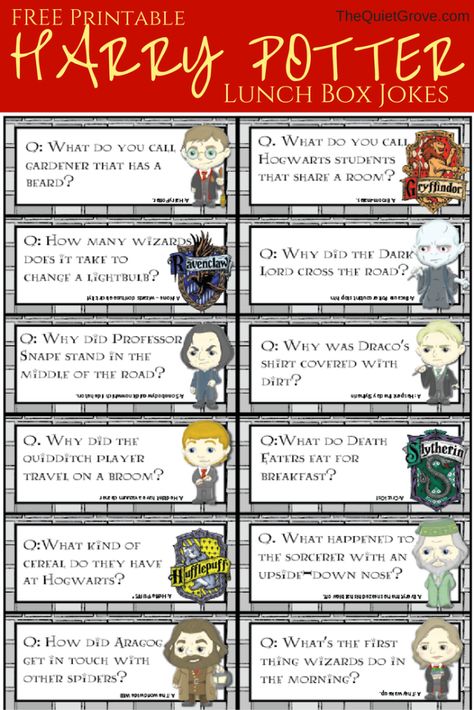 Harry Potter Printable Lunchbox Jokes and Notes for Kids! ⋆ The Quiet Grove Harry Potter Lunch, Deco Noel Harry Potter, Harry Potter Printable, Harry Potter Activities, Classe Harry Potter, Harry Potter Printables Free, Imprimibles Harry Potter, Citate Harry Potter, Lunchbox Jokes