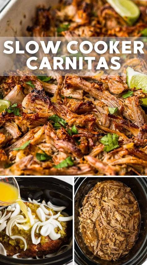 Make these super easy Slow Cooker Carnitas for the best ever Mexican dinner! The Carnitas are so flavorful! They're crispy, tender, juicy and will quickly become a family favorite. Authentic Carnitas Recipe, Crockpot Carnitas Recipes, Crockpot Pork Carnitas, Mexican Slow Cooker, Slow Cooker Carnitas, Mexikansk Mat, Pork Carnitas Recipe, Little Sunny Kitchen, Pork Crockpot Recipes