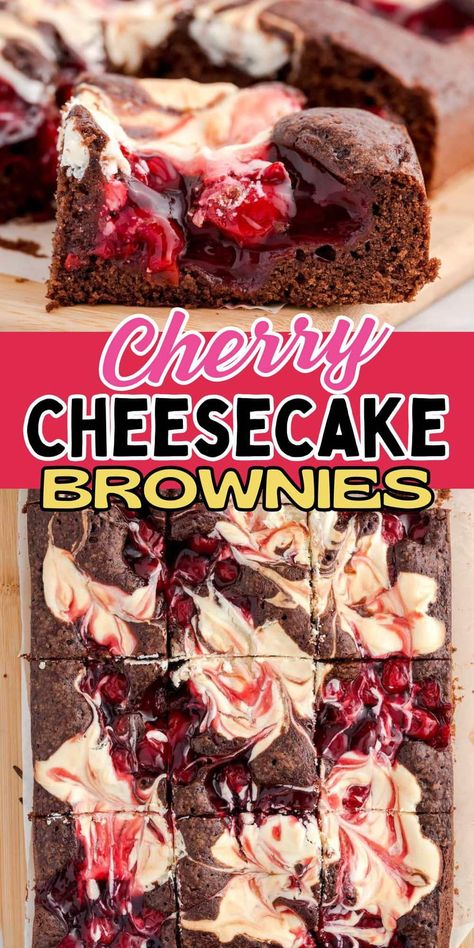 Cherry Cheesecake Brownies have a chewy, fudgy cake-like chocolate base with dollops of cheesecake and cherry pie filling swirled and baked on top of the batter. A delicious date night dessert when you can’t decide between a bar or a slice but still want the cherry on top! Cherry Cheesecake Brownies, Fudgy Cake, Cheesecake Brownies Recipe, Sweet Cherry Pie, Cheesecake Brownie, Cherry Filling, Cherry Desserts, Brownie Ingredients, Cherry Cheesecake