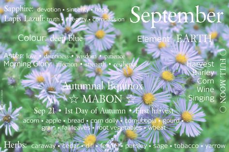 September Magical Correspondences, September Correspondences, September Witchcraft, Monthly Correspondences, 1st Day Of Autumn, September Magick, Wicca Holidays, Magickal Correspondences, Pagan Quotes