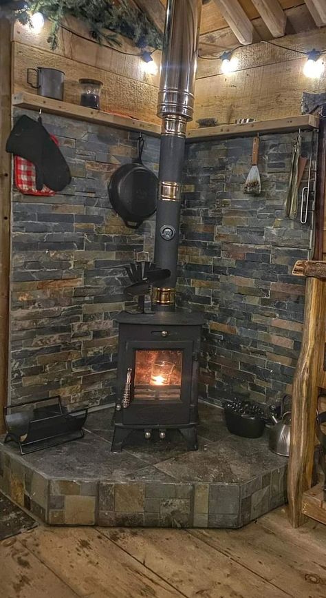 Wood Burning Stove Corner, Corner Wood Stove, Wood Stove Surround, Wood Stove Installation, Wood Stove Hearth, Wood Burning Stoves Living Room, Tiny Wood Stove, Stove Installation, Wood Stove Fireplace