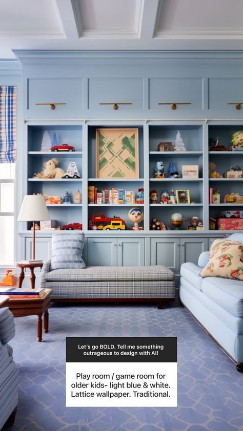 play room for kids Built In Shelving Playroom, Playroom Wall Of Storage, Playroom With Wainscotting, Grand Millennial Playroom, Modern Cottage Playroom, Playroom Sitting Room Combo, Preppy Playroom, Large Playroom Ideas Layout, Loft Playroom Ideas