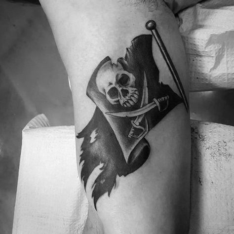 Guy With Pirate Flag Black And Grey Ink Tattoo On Inner Arm Pirate Flag Tattoo, Pirate Tattoo Sleeve, Pirate Skull Tattoos, Pirate Ship Tattoos, Black And Gray Ink Tattoo, Verse Tattoos, Pirate Tattoo, One Piece Tattoos, Nautical Tattoo