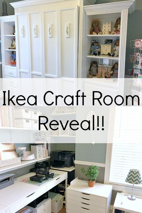 Craft Room Reveal! ####Edited to Add Video#### Friends!  Welcome to my Ikea craft room reveal!!!  (not sponsored!)  We’ve lived in our home for 22 years, and for the past 14 of those years I&… Ikea Craft Room, Ikea Crafts, Murphy Bed Ikea, Small Craft Rooms, Sewing Room Storage, Craft Room Furniture, Scrapbook Storage, Sewing Room Design, Dream Craft Room