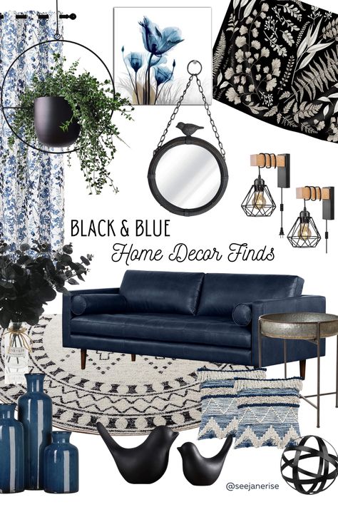 Black White Grey And Blue Home Decor, Navy Black And Grey Living Room, Black And White Room With Blue Accents, Accent Chairs For Navy Blue Couch, Black White And Blue Home Decor, Navy Blue Black And Silver Living Room, Blue Black Decor, Black And White With Blue Accents, Black Blue Living Room Ideas