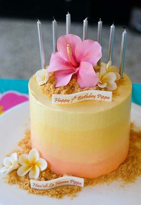 Hawaiian Cake Decorations, Elegant Hawaiian Cake, Tropical Ombre Cake, Pineapple Birthday Cake Ideas, Frangipani Cake Birthday, Hawaiian Luau Cake Ideas, Hibiscus Cake Ideas, Tropical Cake Decoration, Hawaiian Party Cake Ideas