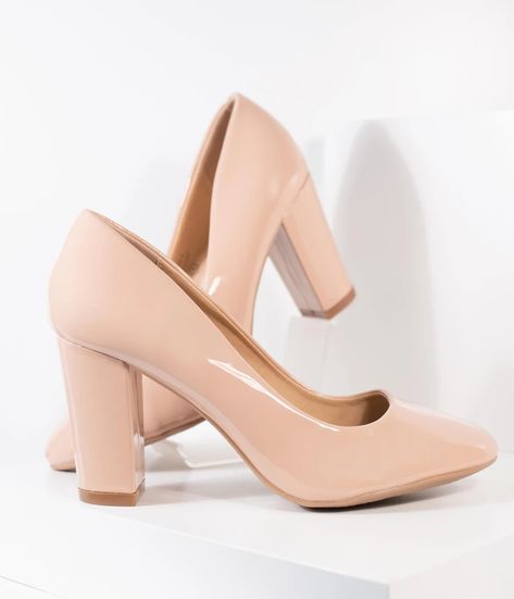 Blush Pink Patent Leatherette Block Heel Pumps – Unique Vintage Pastel Shoes, Heels Unique, Retro Outfit, Heels Aesthetic, Vintage Pumps, Dr Shoes, Blush Pink Color, Fashion Shoes Heels, Block Heel Pumps