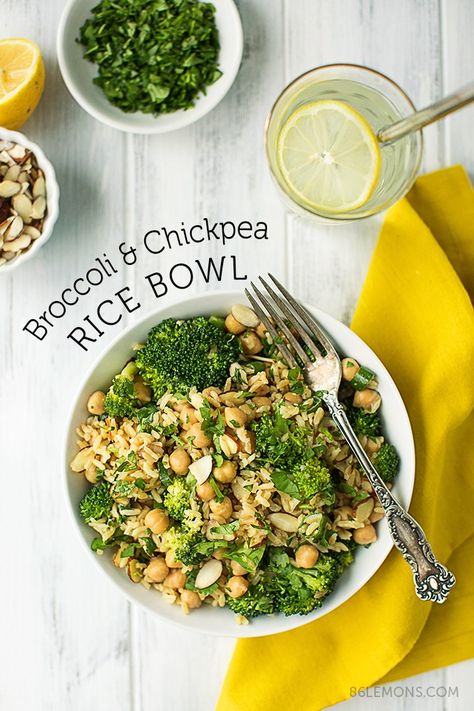 Broccoli & Chickpea Rice Bowl (v/gf) - 86 Lemons Rice Bowl Vegan, Chickpea Rice Bowl, Salad Cilantro, Broccoli Chickpea, Lemons Recipes, Chickpea Rice, Chickpea Quinoa, Vegan Broccoli, Recipe Vegetarian