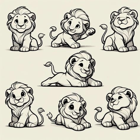 Adorable Lion Mono-line SVG Pack - Etsy Lion Design Drawing, How To Draw A Lion, Animal Cartoon Drawings, Cute Lion Drawing, Lion Character Design, Lion Cartoon Drawing, Lion Character, Lion Cartoon, Pikachu Tattoo