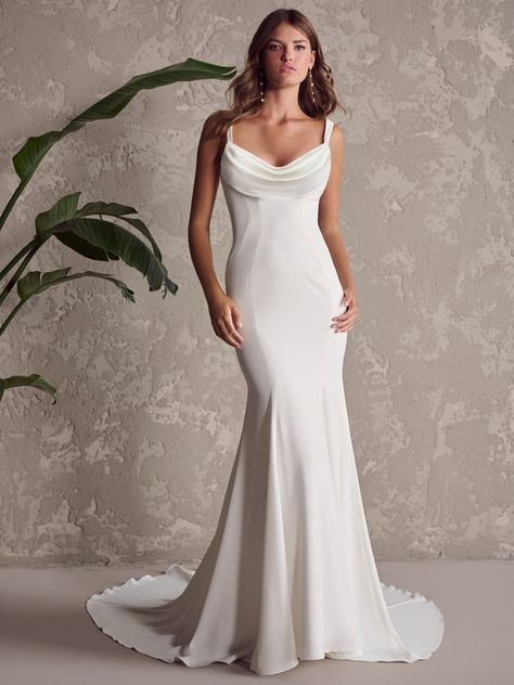 Napa Marie is a Grecian-inspired, crepe cowl neck wedding dress with a sexy plunging V-back. Shop Maggie Sottero's dresses today! #cowl sexy #bridal #simple Cowl Neck Wedding Dress, Maggie Sottero Bridal, Neckline Wedding Dress, Neck Wedding Dress, Maggie Sottero Wedding Dresses, Ashley Graham, Designer Wedding Gowns, Maggie Sottero, Cowl Neckline