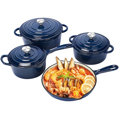 PRICES MAY VARY. 🔥【Cast Iron Cookware Set 】 - The 7-piece cookware set is made of long-lasting cast iron which provides superior heat distribution and retention, so your food cooks evenly. Our pots and pans set not only makes your kitchen look good but is an enameled cast iron classic great for preparing and serving memorable meals. 🔥【What You Get?】- 10.25” Skillet *1, 2QT Saucepan with Lid * 1, 2.8QT Small Dutch Oven with Lid * 1, 4.8QT Large Dutch Oven with Lid *1 🔥【Hard-Coat Enamel 】- Feat Beautiful Cookware, Cast Iron Cookware Set, Enameled Cast Iron Cookware, Serving Ware, Ceramic Cookware, Deep Fry, Iron Cookware, Pots And Pans Sets, Enameled Cast Iron