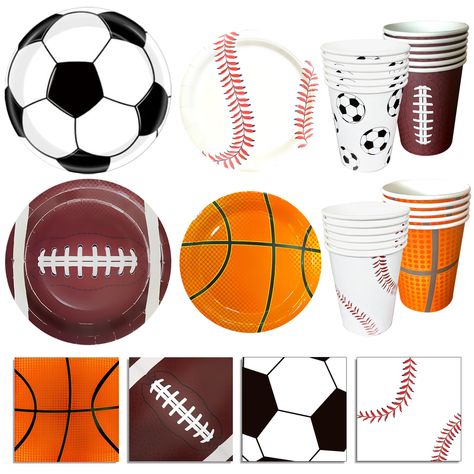 PRICES MAY VARY. Package Includes: You will get a rich suit that can server 24 guests, including 24 9" dinner plates, 24 7" dessert plates, 24 9oz cups, 24 3 ply napkins. Everything you need for a complete party setup Assorted Sports Themed Tableware: We Carefully select classic four ball games, basketball, football, baseball, and soccer, Made of classic sport elements. These designs not only enhance your decoration but also bring a festive atmosphere to your sport birthday party, making it a cr Sports Themed Birthday Party Favors, Sports Theme 2nd Birthday Party, Born To Ball Birthday Theme, Game Day Themes, Sports Birthday Party Boys, Sports Themed Birthday Party Ideas, Sports Birthday Party Decorations, Sports Theme Birthday Party, Ball Theme Birthday