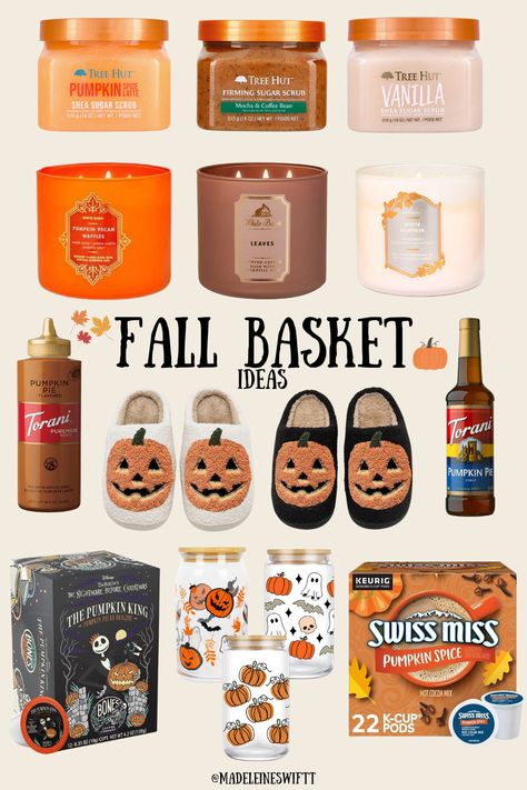 Fall Candles Bath And Body Works, Fall Baskets Ideas, Fall Things To Buy, Fall Boo Basket, Cozy Fall Essentials, Gift Basket List, Cheap Boo Basket Ideas, Hot Chocolate Gift Basket Ideas, Fall Bath And Body Works